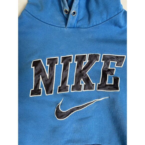 Vintage Nike Hoodie Sweatshirt Size L Blue Embroidered Spell Out Y2K Stain Faded - Picture 2 of 12